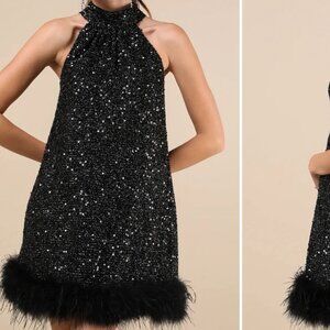 Magnetic Darling Shiny Black Sequin Feather Shift Mini Dress